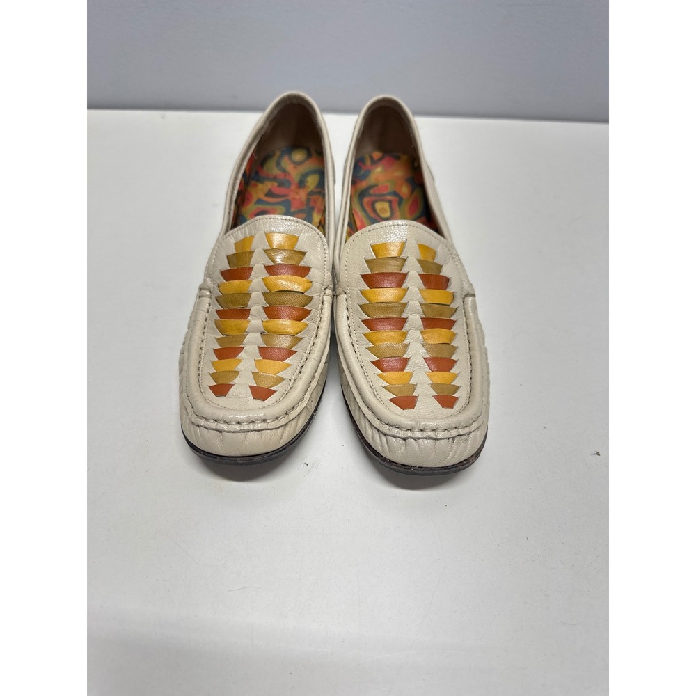 Vintage Cream Leather Block Heel Loafers Woven Geometric Vamp Design Retro